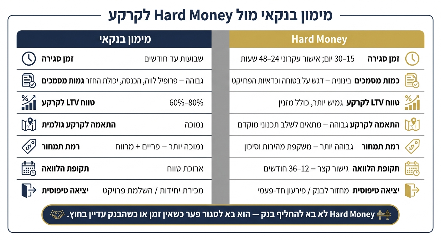 מימון בנקאי מול Hard Money לקרקע: השוואה מהירה