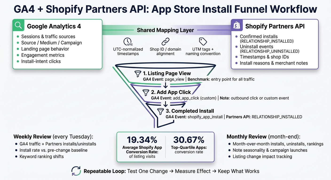 GA4 + Shopify Partners API: App Store Install Funnel Workflow
