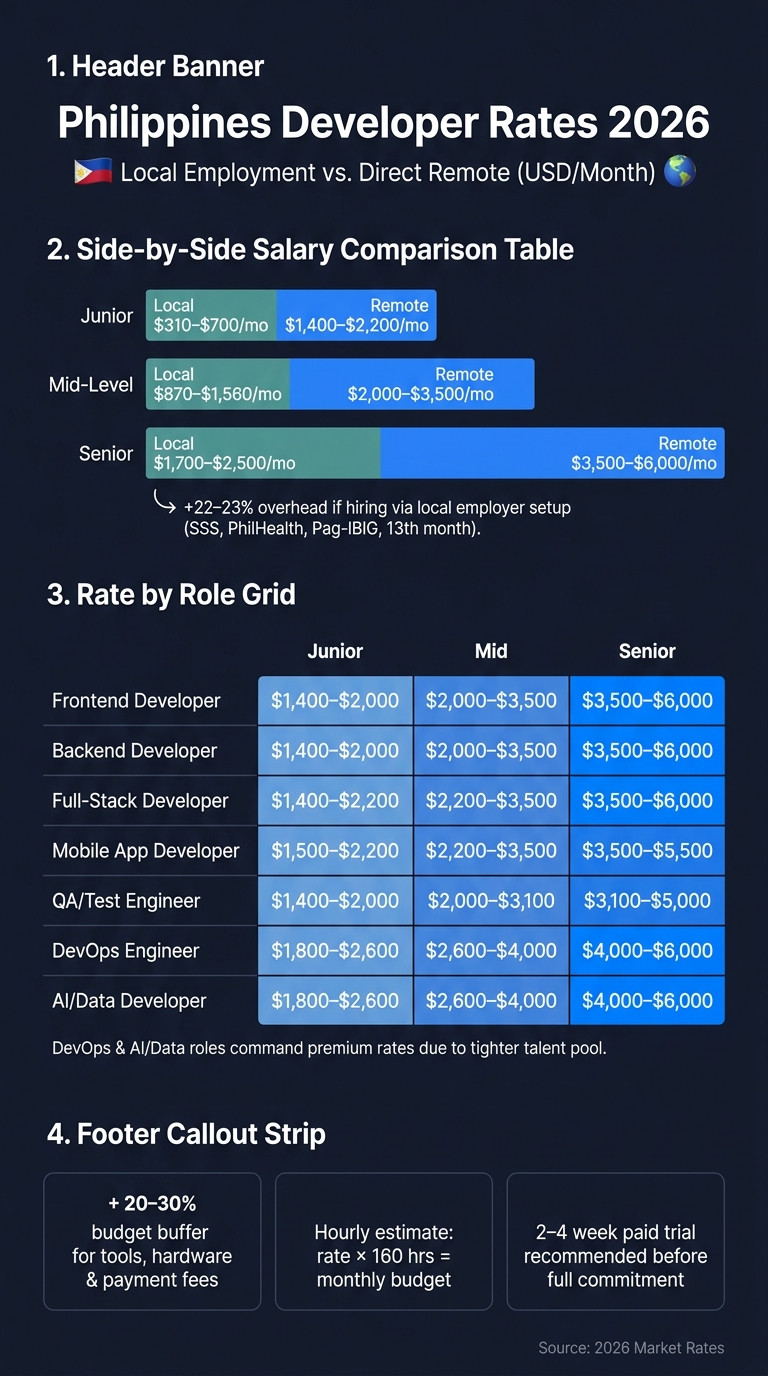 Philippines Developer Rates 2026: Local vs. Remote Pay by Role & Seniority