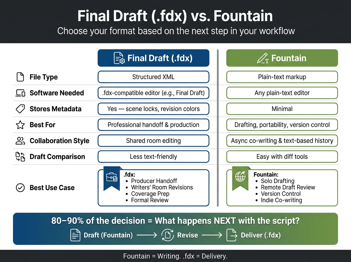 Final Draft (.fdx) vs. Fountain: Screenplay Format Comparison