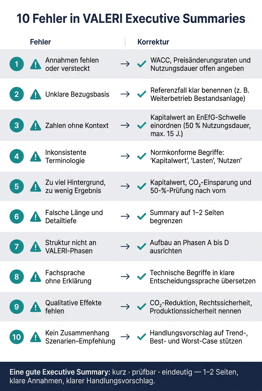 10 Fehler in VALERI Executive Summaries &ndash; Pr&uuml;fliste & Korrekturen