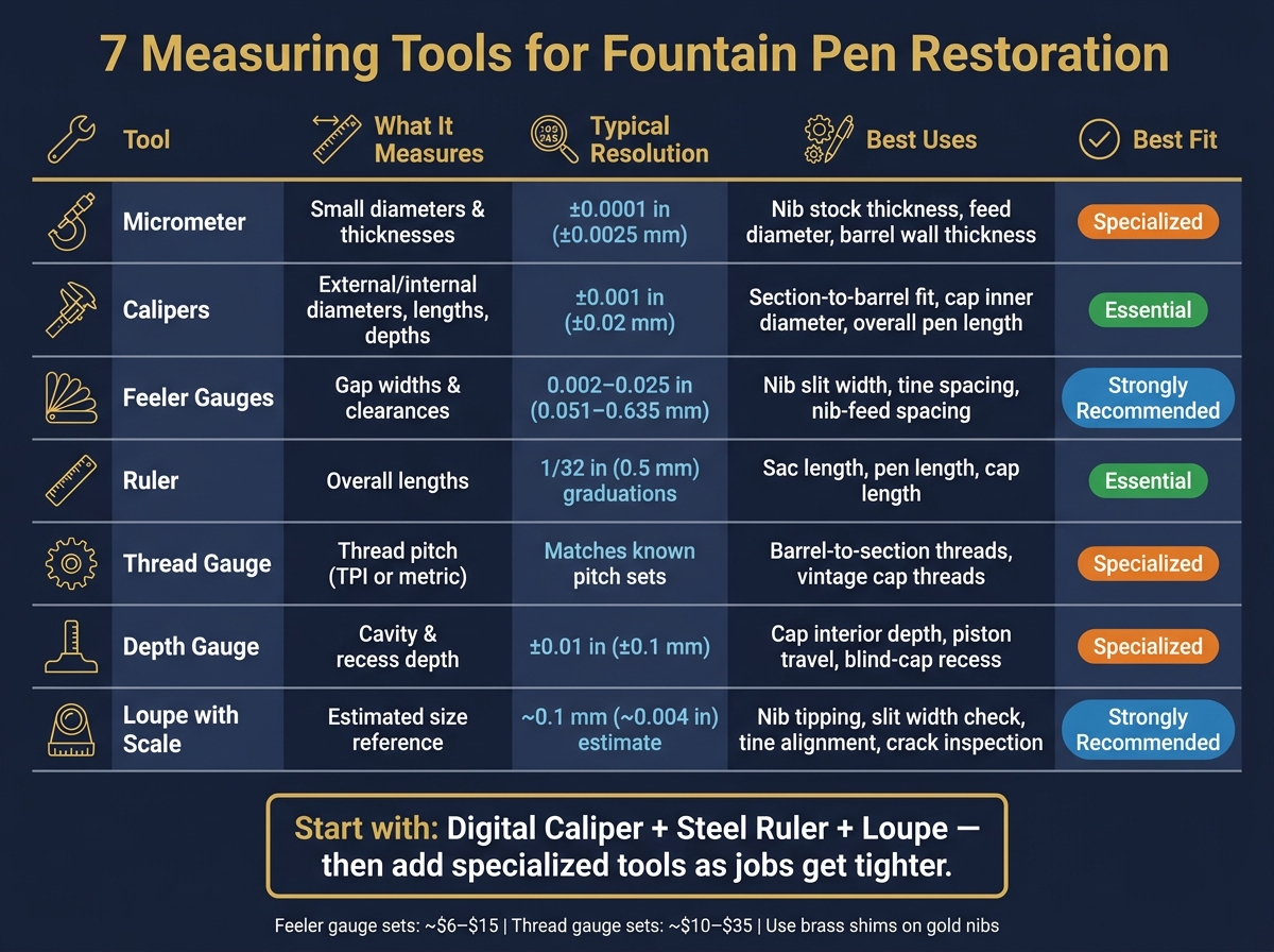 7 Measuring Tools for Fountain Pen Restoration: Quick Comparison Guide