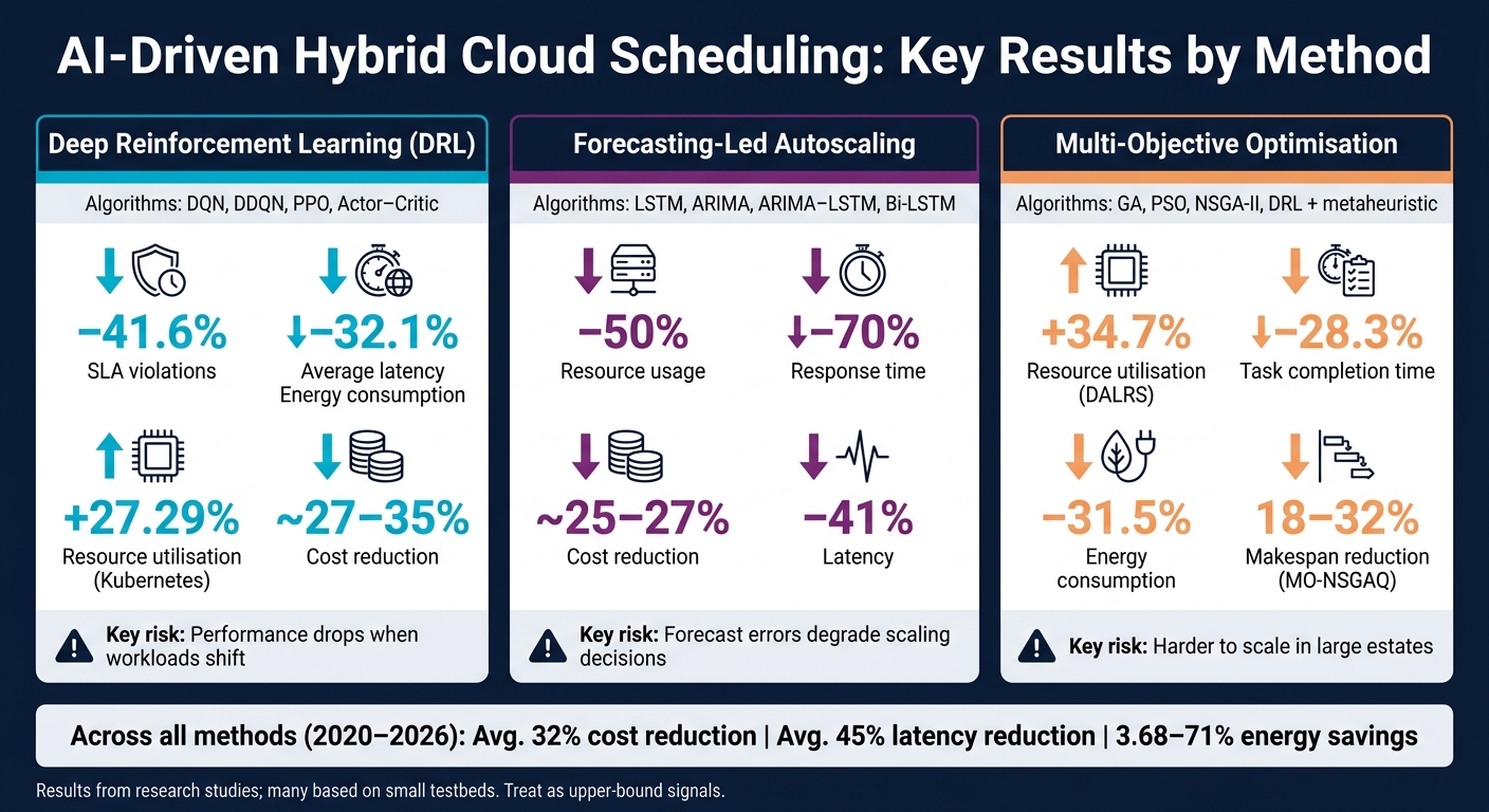 AI Scheduling Methods for Hybrid Cloud: Cost, Performance &amp; Energy Results