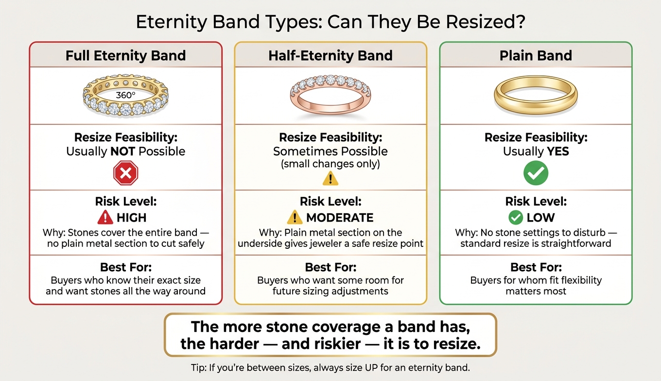 Eternity Band Types: Resizing Feasibility at a Glance