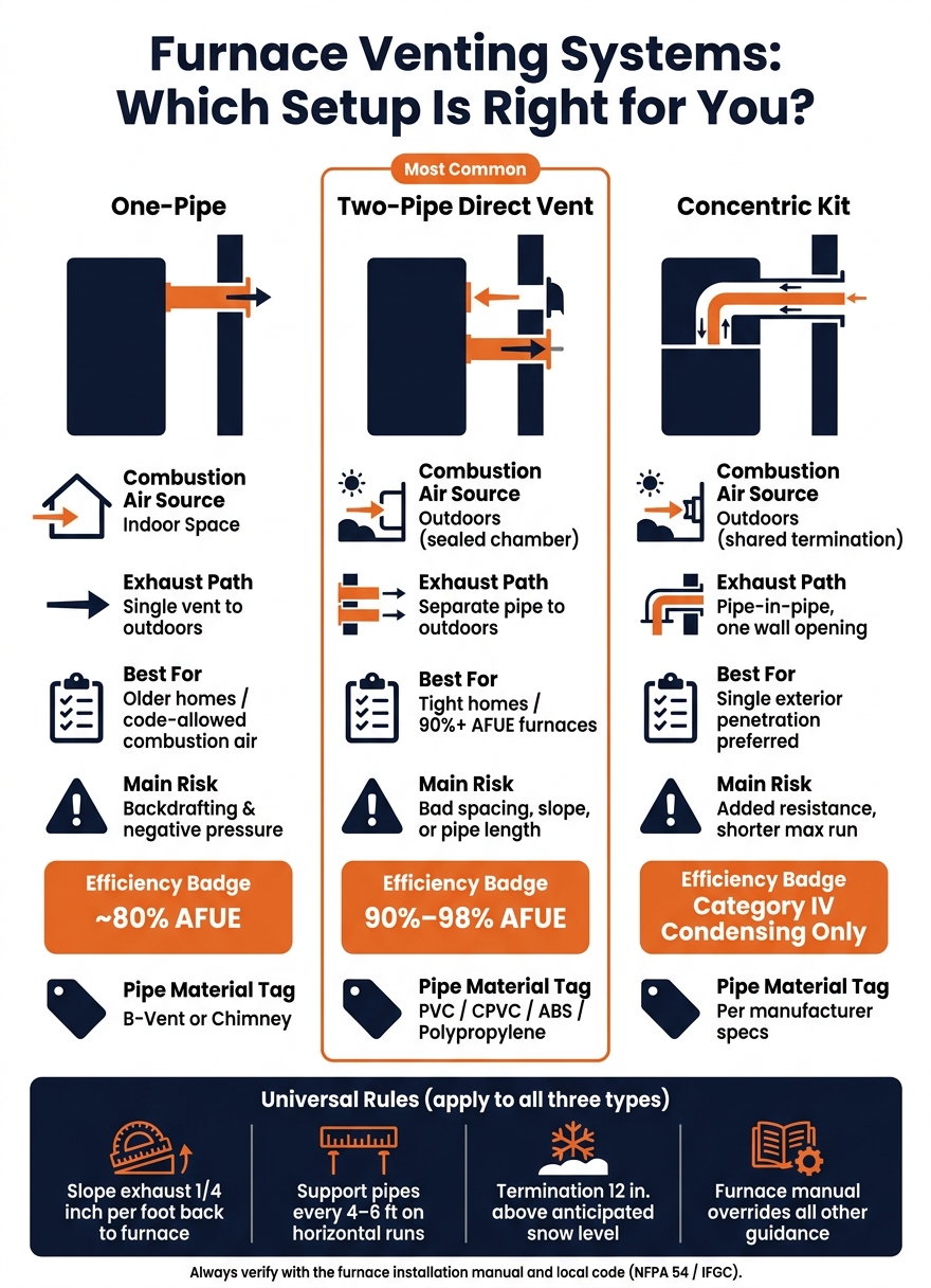 Furnace Venting Types Compared: One-Pipe vs Two-Pipe vs Concentric