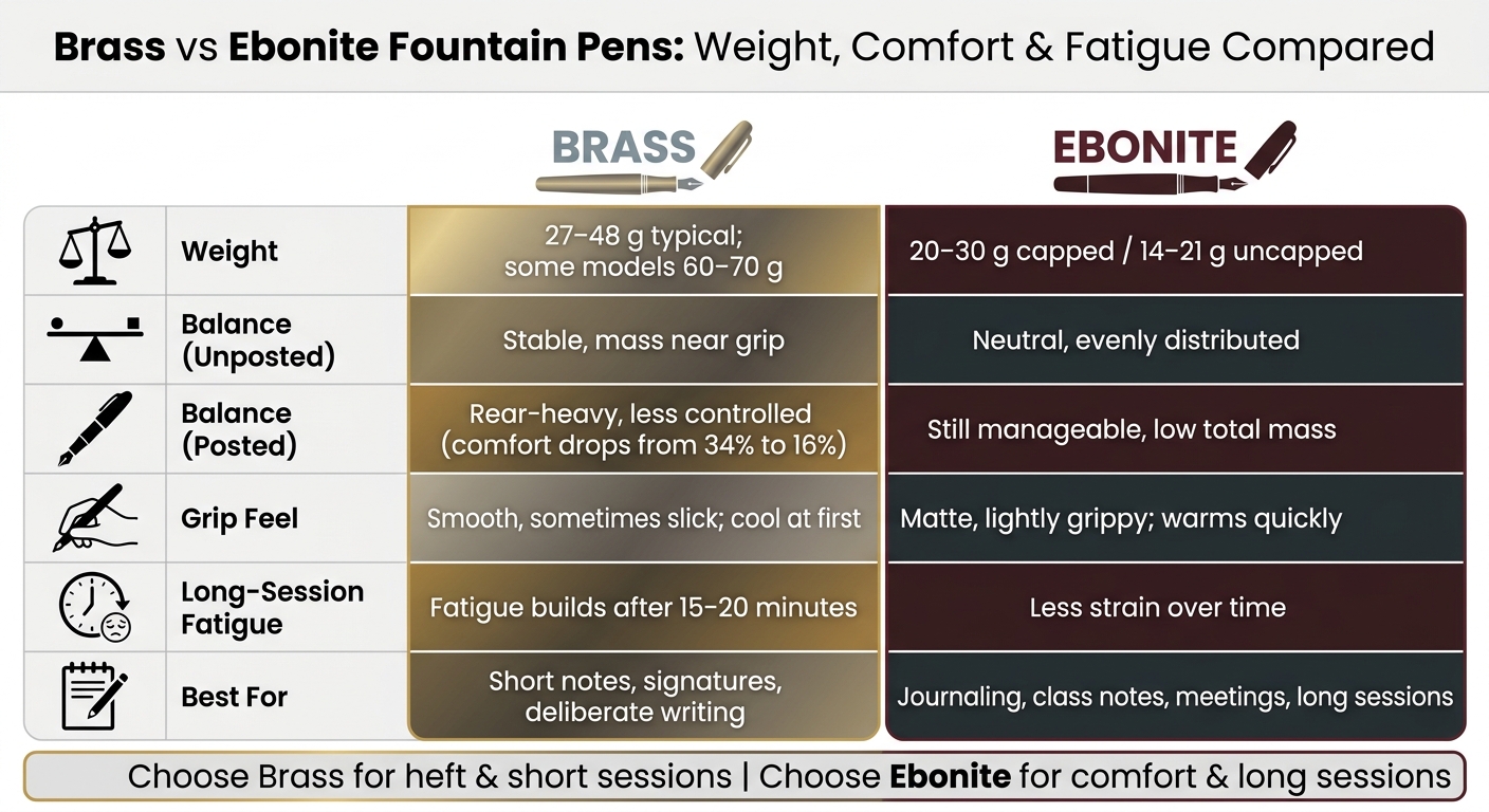 Brass vs Ebonite Fountain Pens: Weight, Comfort & Fatigue Compared
