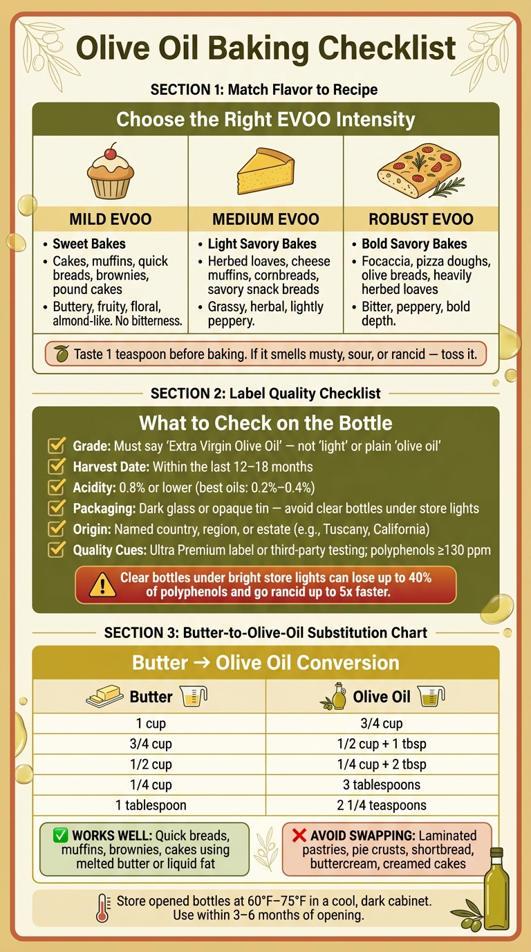 Olive Oil Baking Checklist: Flavor, Freshness & Substitution Guide