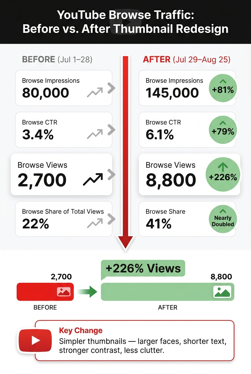 YouTube Browse Traffic: Before vs. After Thumbnail Redesign