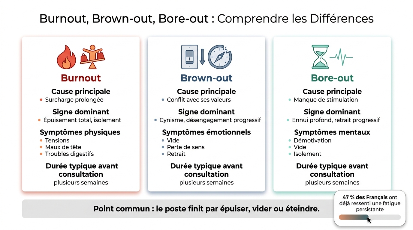 Burnout, Brown-out, Bore-out : Différences et Signaux Clés
