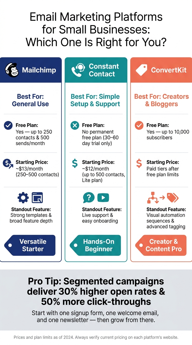 Best Email Marketing Platforms for Small Businesses: Mailchimp vs Constant Contact vs ConvertKit