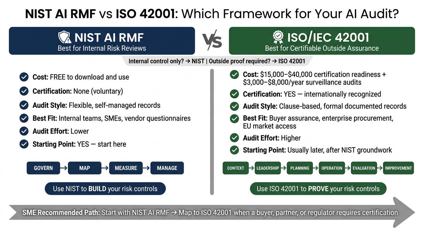NIST AI RMF vs ISO 42001: Side-by-Side Comparison for AI Audits