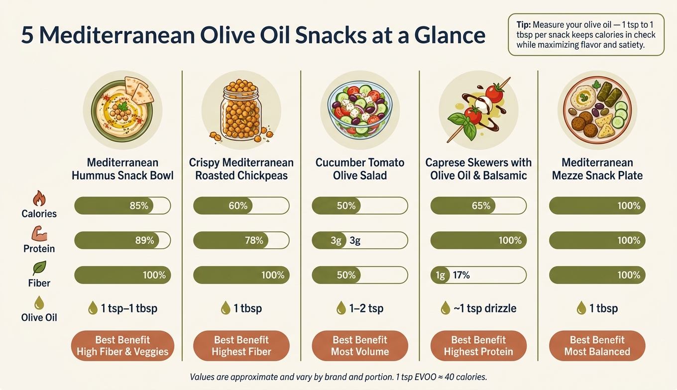 5 Mediterranean Olive Oil Snacks: Calories, Protein & Fiber Compared