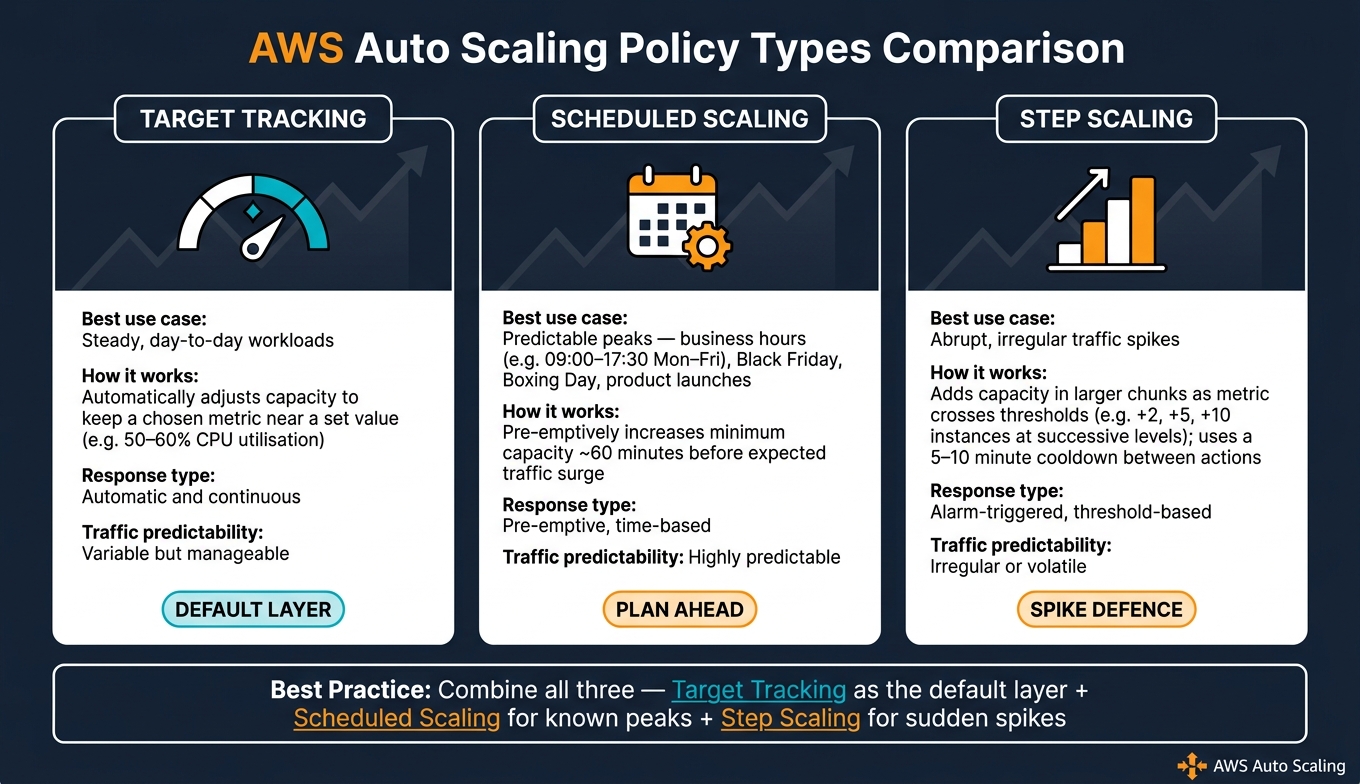 AWS Auto Scaling Policy Types: Target Tracking vs Scheduled vs Step Scaling
