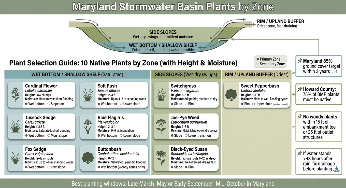 Maryland Stormwater Basin Plants by Zone: Wet Bottom, Slope & Rim