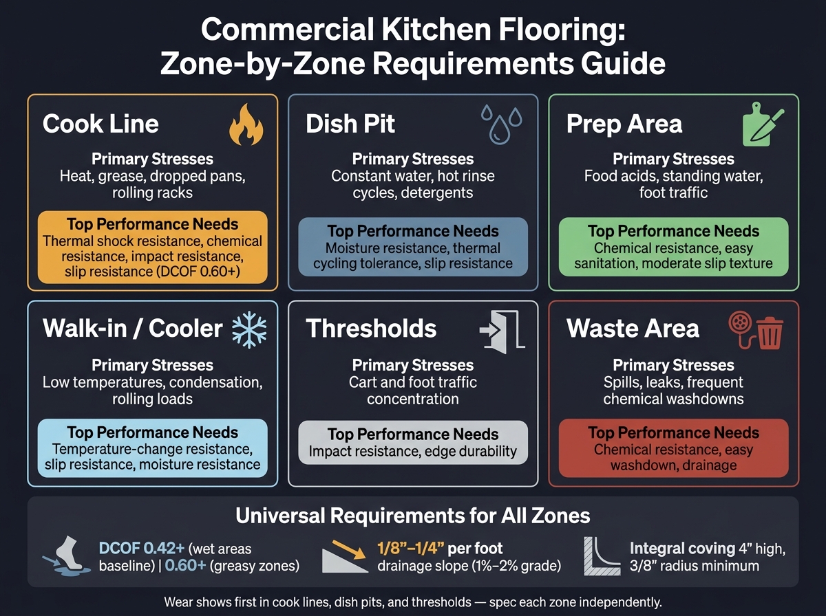 Commercial Kitchen Flooring: Style And Wear Guide 1 Commercial Kitchen Flooring: Zone-By-Zone Requirements Guide
