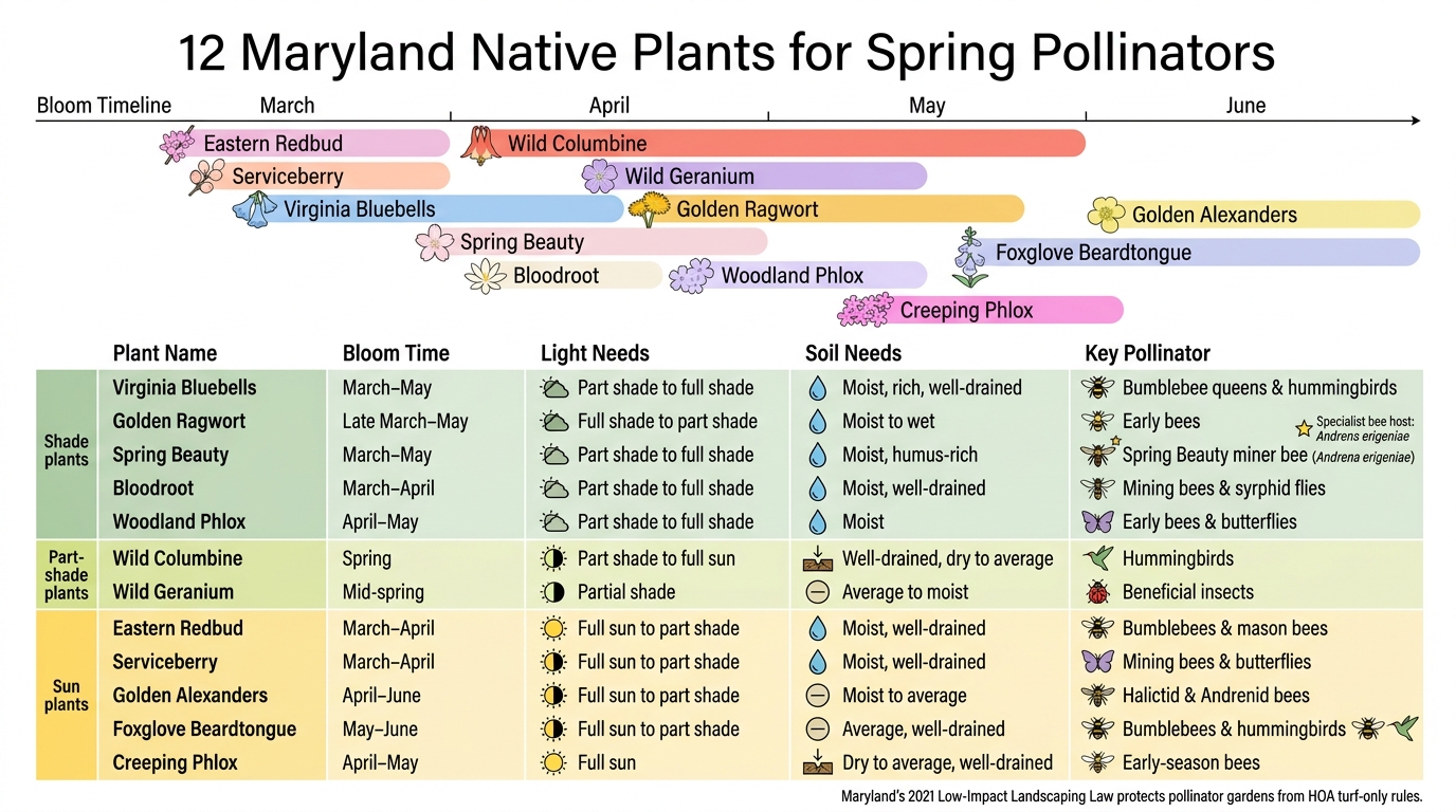 12 Maryland Native Plants for Spring Pollinators: Bloom Time, Light & Soil Guide