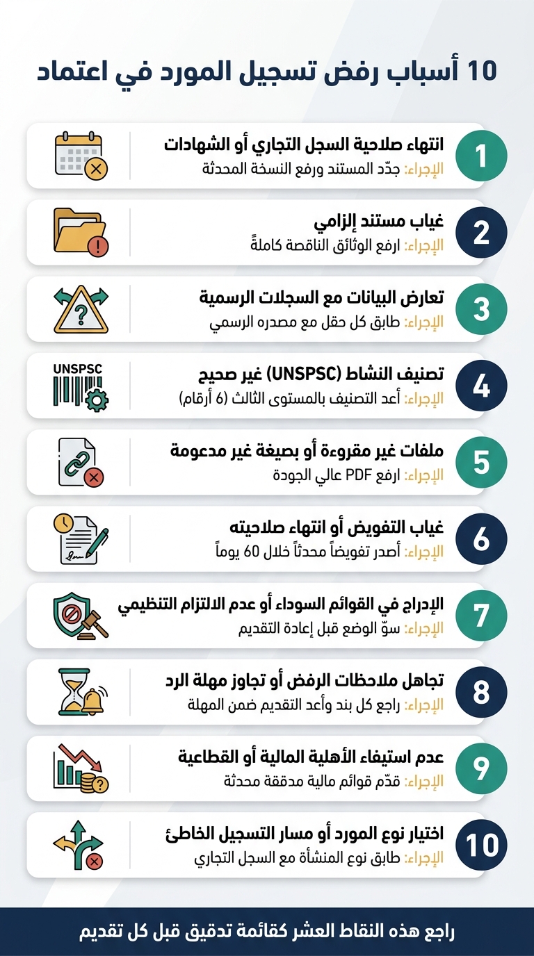 10 أسباب رفض تسجيل المورد في اعتماد – قائمة تدقيق سريعة