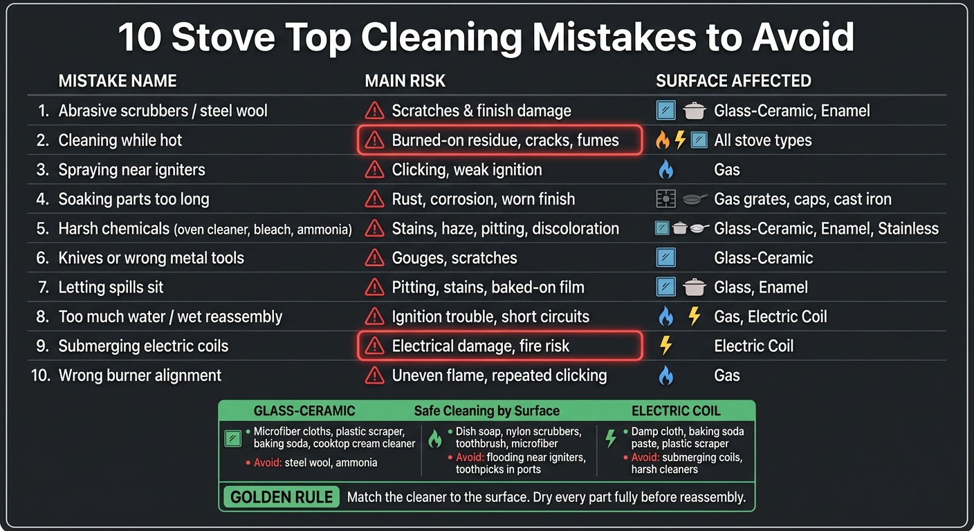 10 Stove Top Cleaning Mistakes: Risks & Surface Types at a Glance