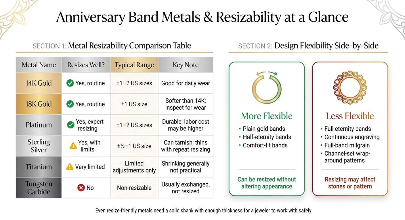 Anniversary Band Metals & Resizability: Quick Comparison Guide
