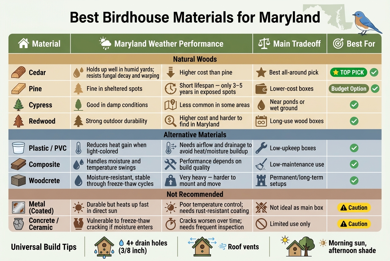 Birdhouse Materials for Maryland: Quick Comparison Guide