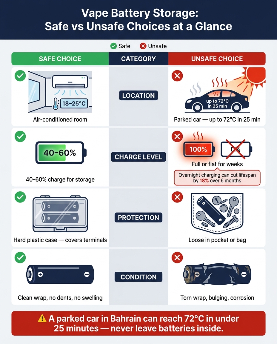 Vape Battery Storage Guide: Heat, Charge, Cases 2 Vape battery storage: safe vs unsafe choices at a glance