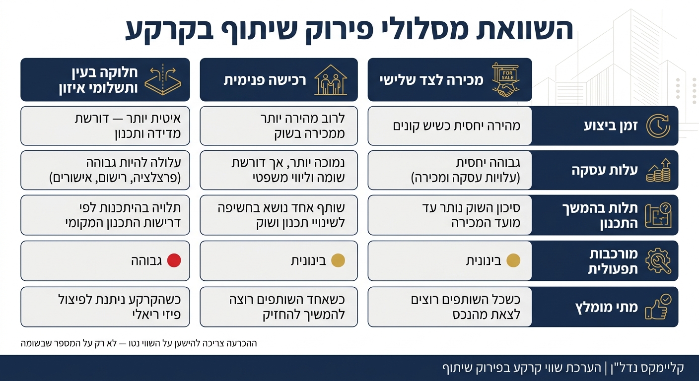 השוואת מסלולי פירוק שיתוף בקרקע: מכירה, רכישה פנימית וחלוקה בעין