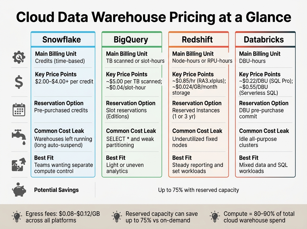 Cloud Data Warehouse Cost Models: Snowflake vs BigQuery vs Redshift vs Databricks