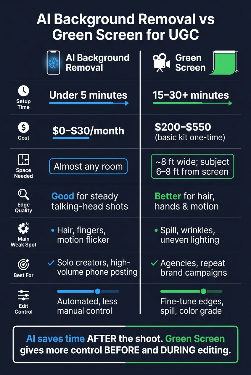 AI Background Removal vs Green Screen: UGC Workflow Comparison