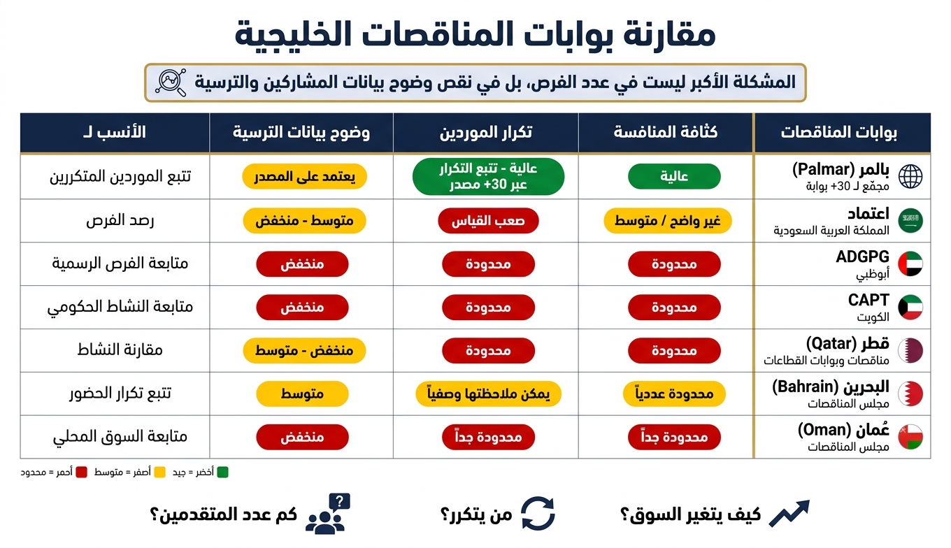 مقارنة بوابات المناقصات الخليجية: الشفافية والمنافسة