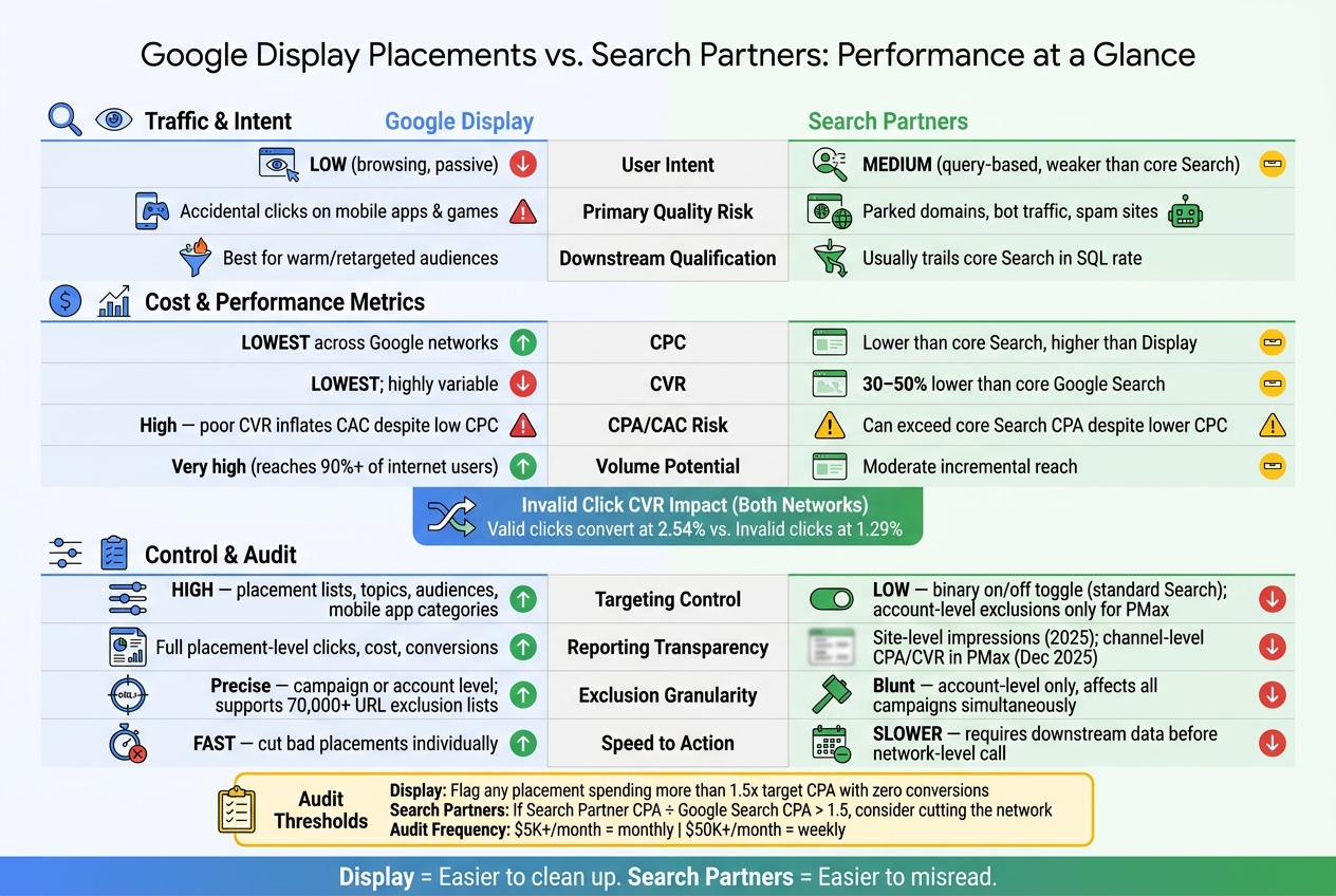 Google Display vs Search Partners: CPC, CVR, CAC & Control Compared