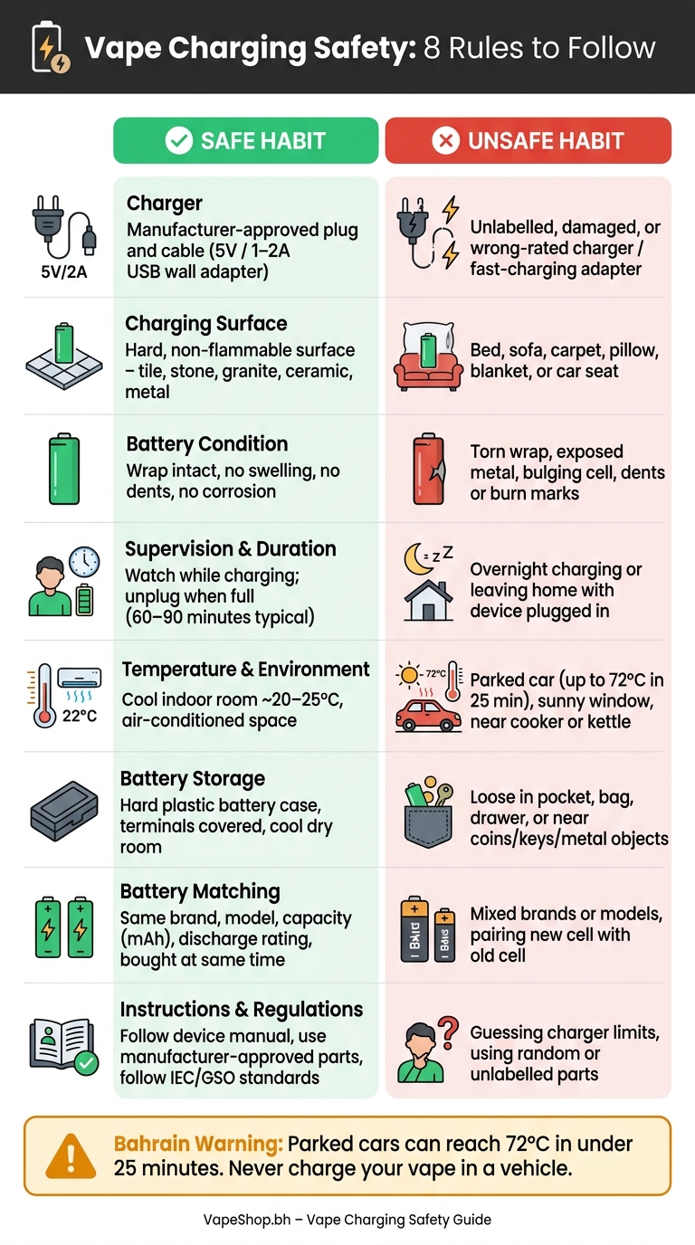 Vape Charging Safety: 8 Rules To Follow 2 Vape charging safety: safe vs unsafe habits at a glance