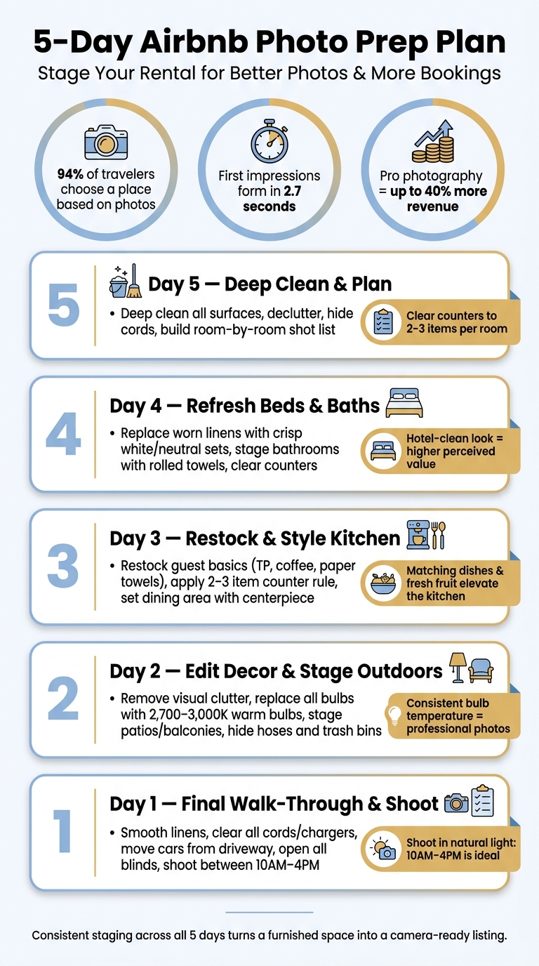 5-Day Airbnb Photo Prep Plan: Stage Your Rental for Maximum Bookings