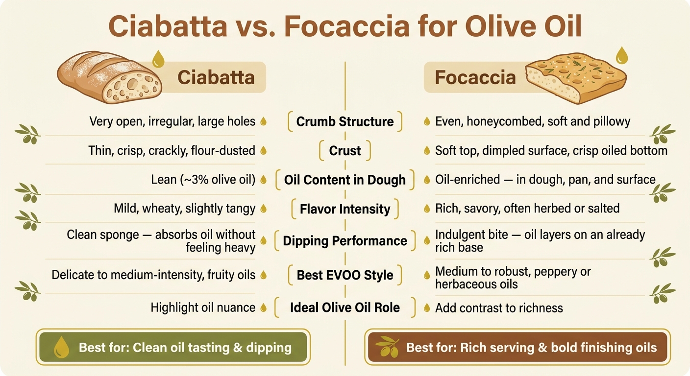 Ciabatta vs. Focaccia for Olive Oil: Full Comparison