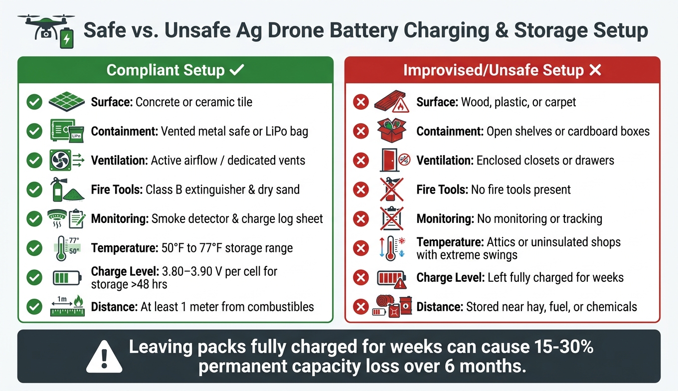 Ag Drone Battery Safety: Compliant vs. Unsafe Setup at a Glance