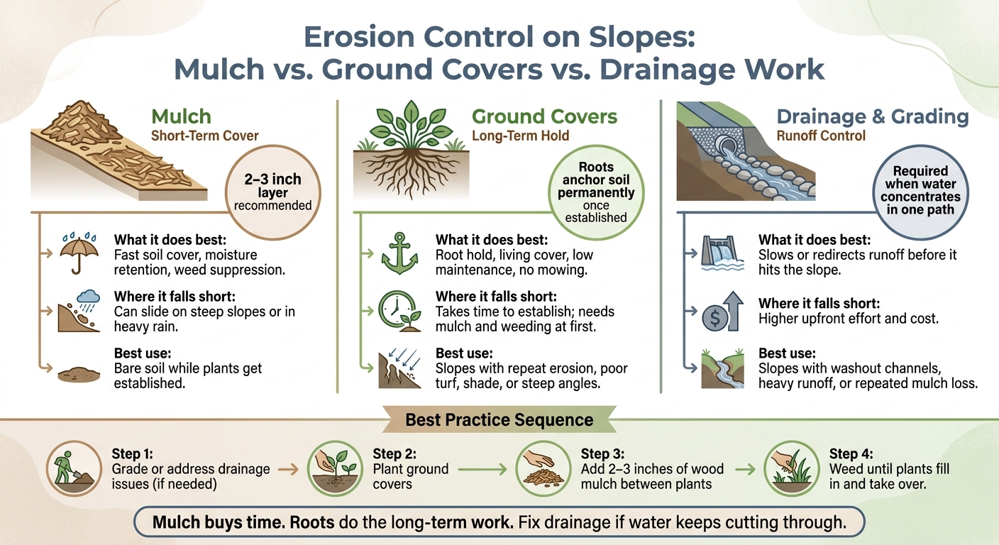Mulch vs. Ground Covers vs. Drainage: Erosion Control on Slopes