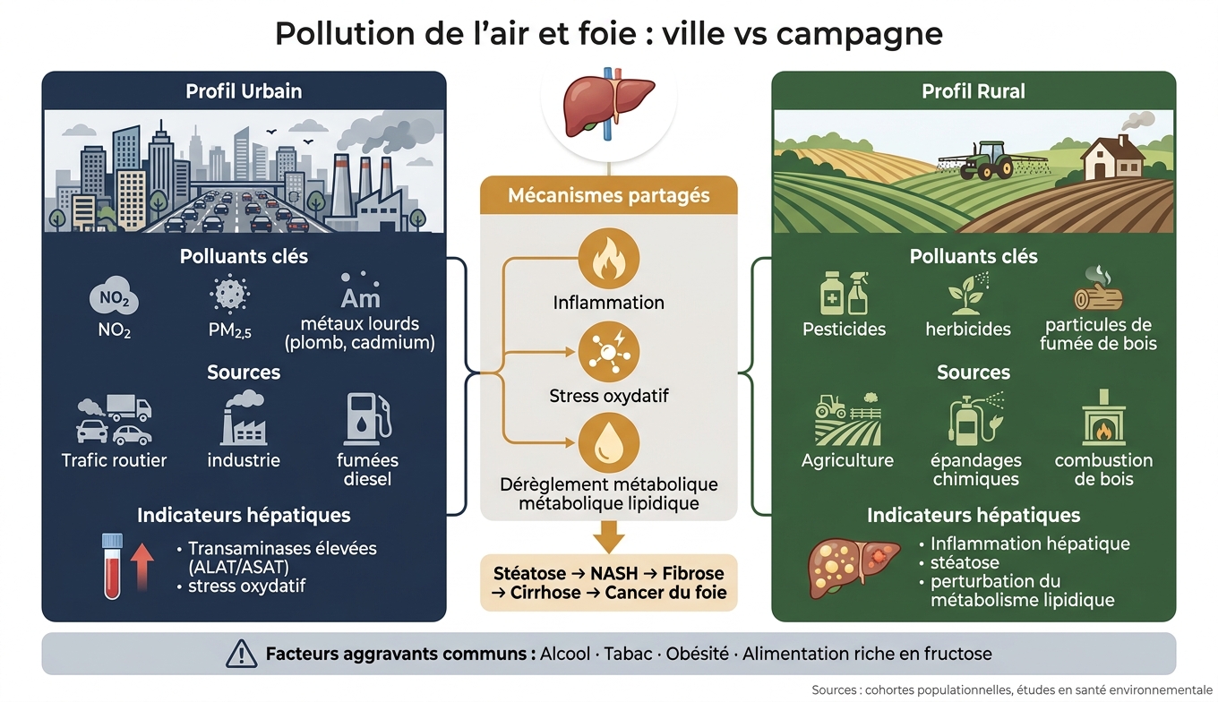 Pollution de l'air et foie : ville vs campagne  -  sources, polluants et signaux hépatiques