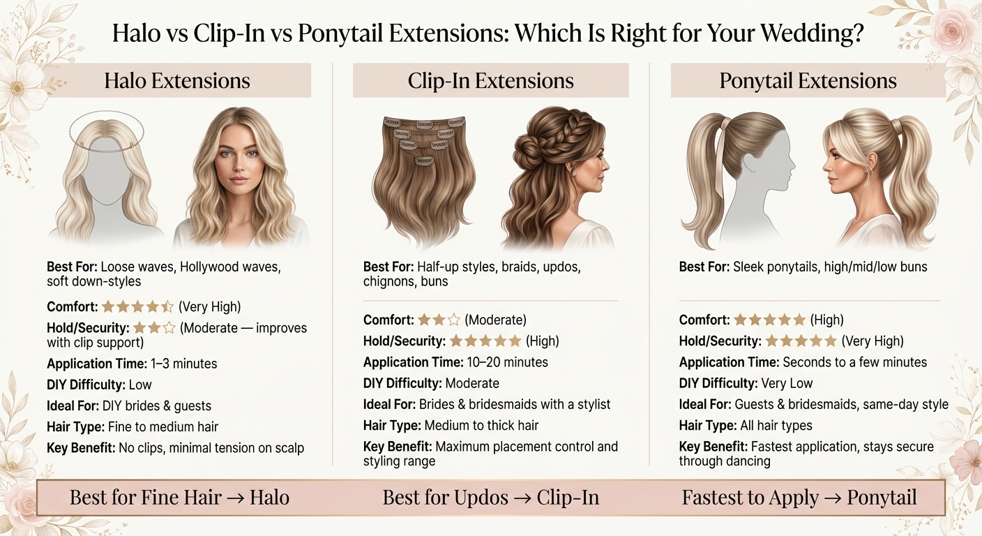 Halo vs Clip-In vs Ponytail Extensions: Wedding Day Comparison