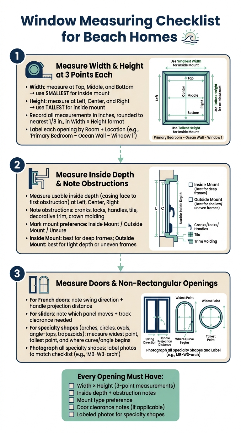 Window Measuring Checklist for Beach Homes: 3-Step Process