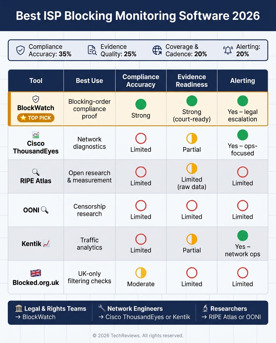 Best ISP Blocking Monitoring Software 2026: Side-by-Side Comparison