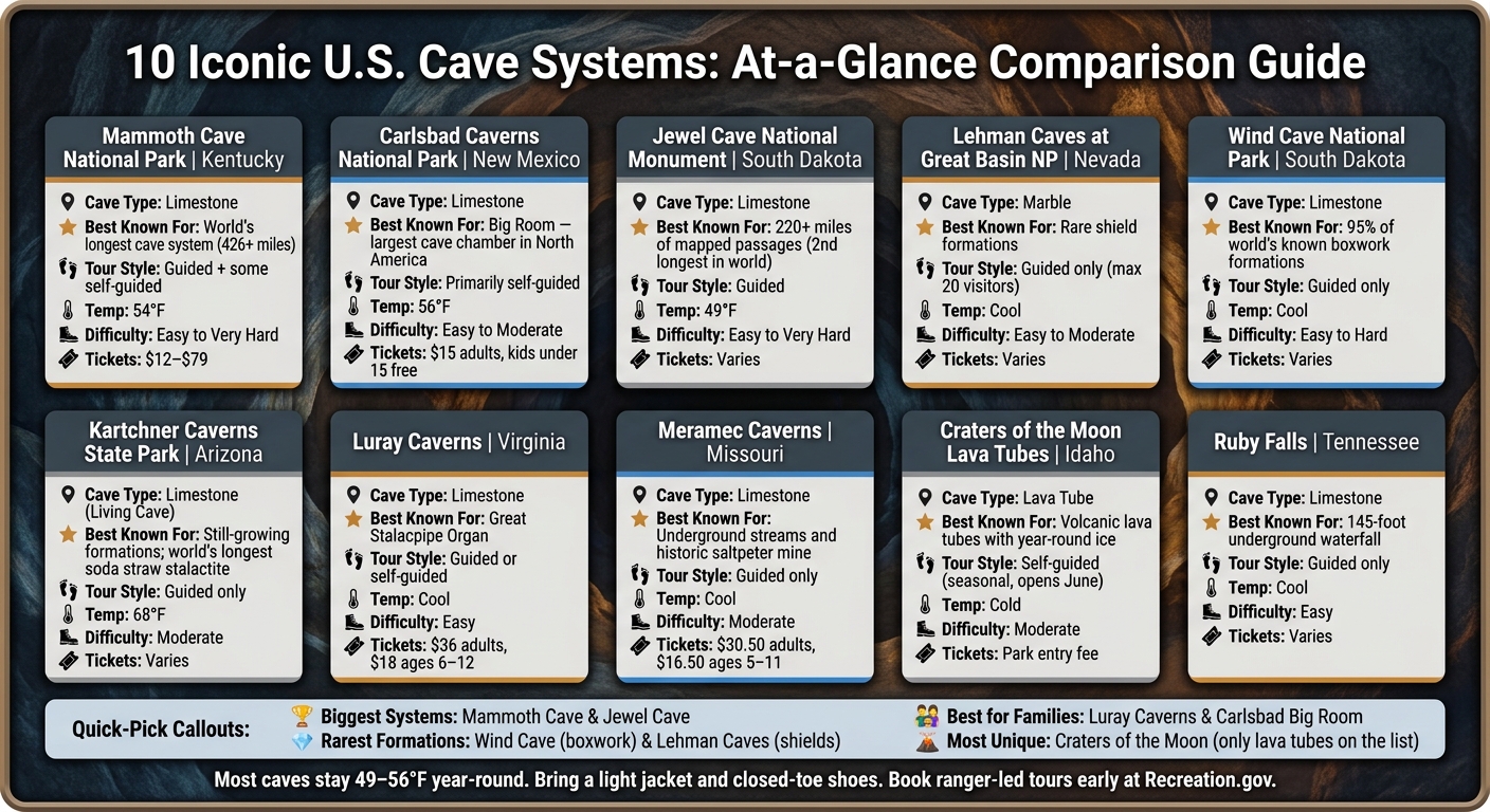 10 Iconic U.S. Cave Systems: At-a-Glance Comparison Guide