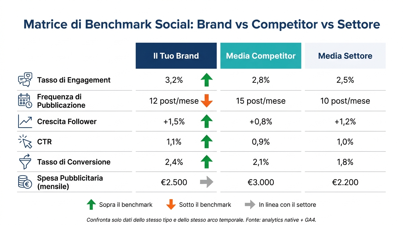 Come usare i dati di benchmarking per migliorare i social 1 Matrice di benchmark social: brand vs competitor vs settore