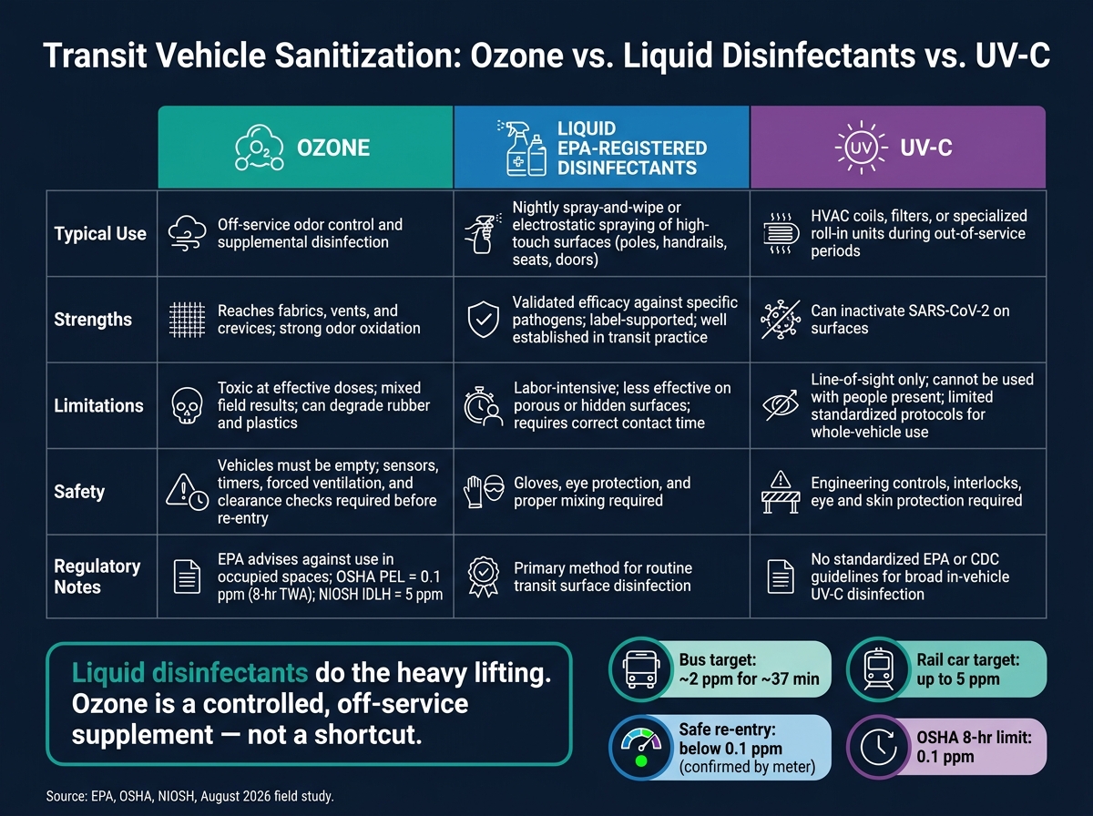Ozone vs. Liquid Disinfectants vs. UV-C: Transit Vehicle Sanitization Compared