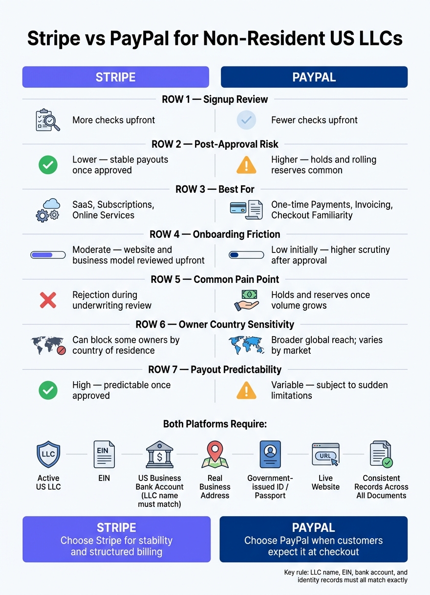 Stripe vs PayPal for Non-Resident US LLCs: Side-by-Side Comparison