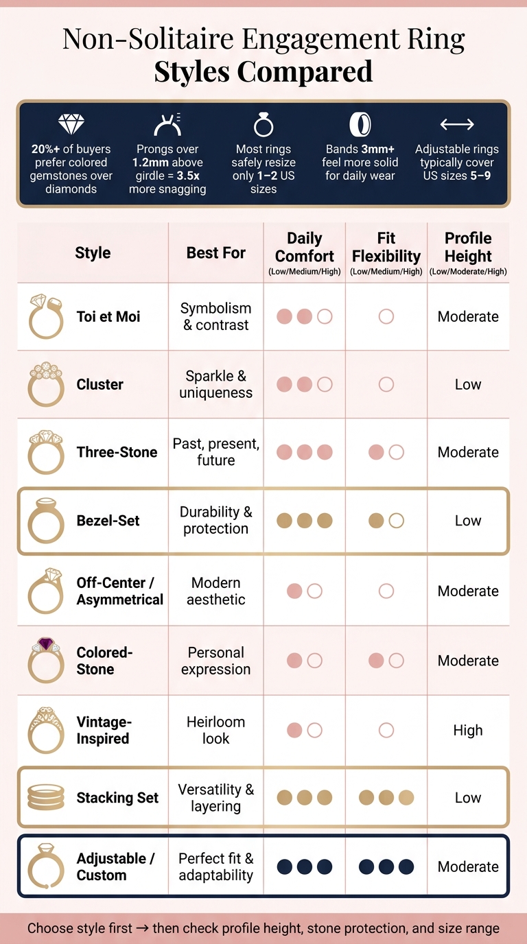Non-Solitaire Engagement Ring Styles: Style, Comfort & Fit at a Glance