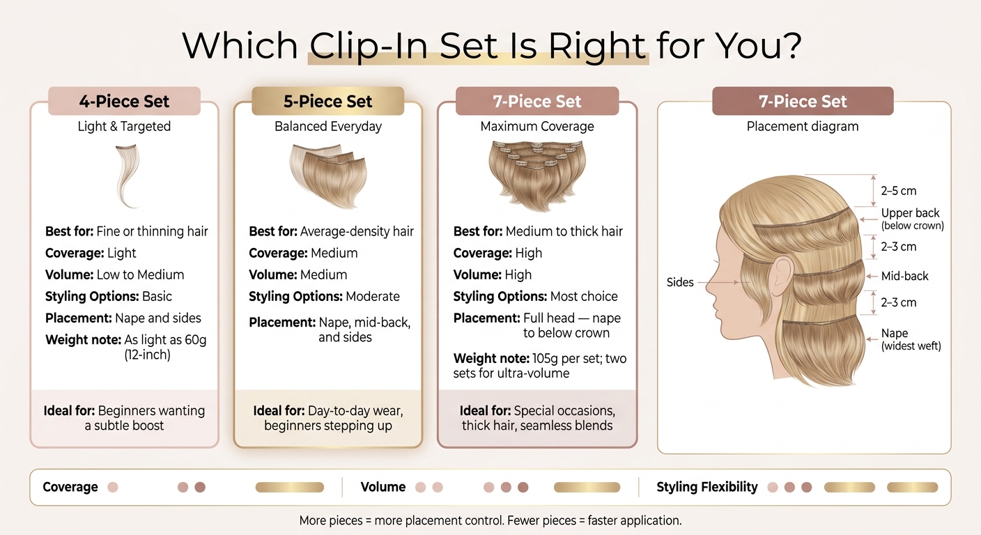 Clip-In Hair Extensions: 4-Piece vs 5-Piece vs 7-Piece Sets Compared
