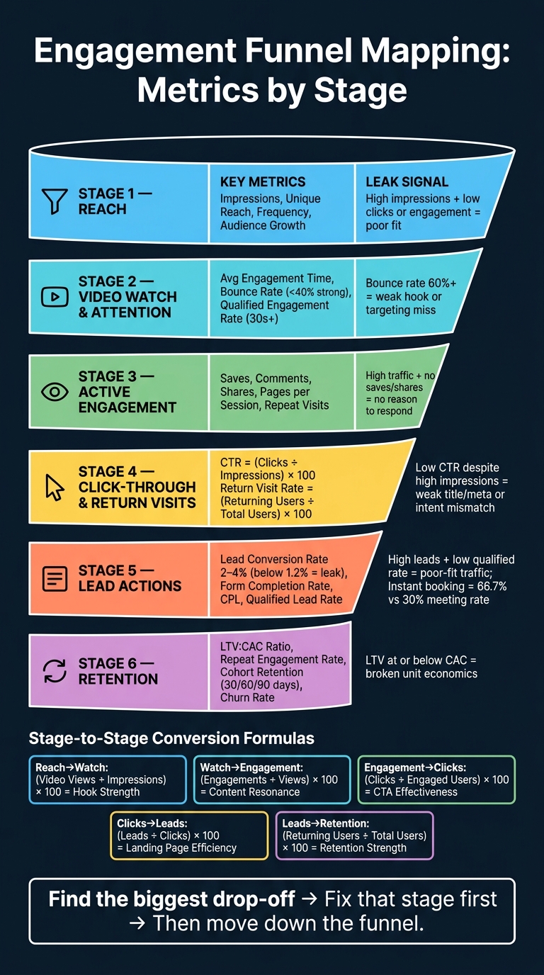 Engagement Funnel Mapping: 6 Stages, Key Metrics & Leak Signals