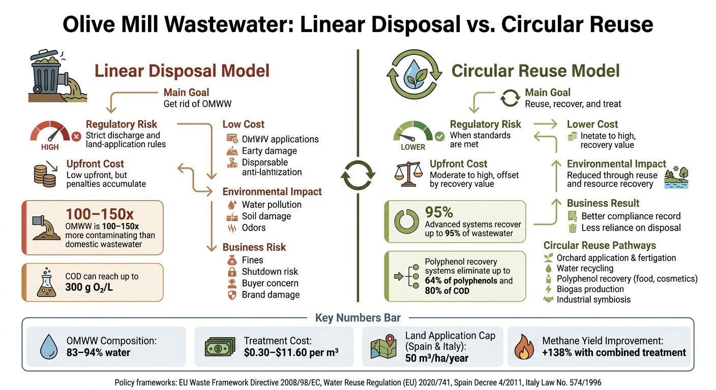 Olive Mill Wastewater: Linear Disposal vs. Circular Reuse at a Glance