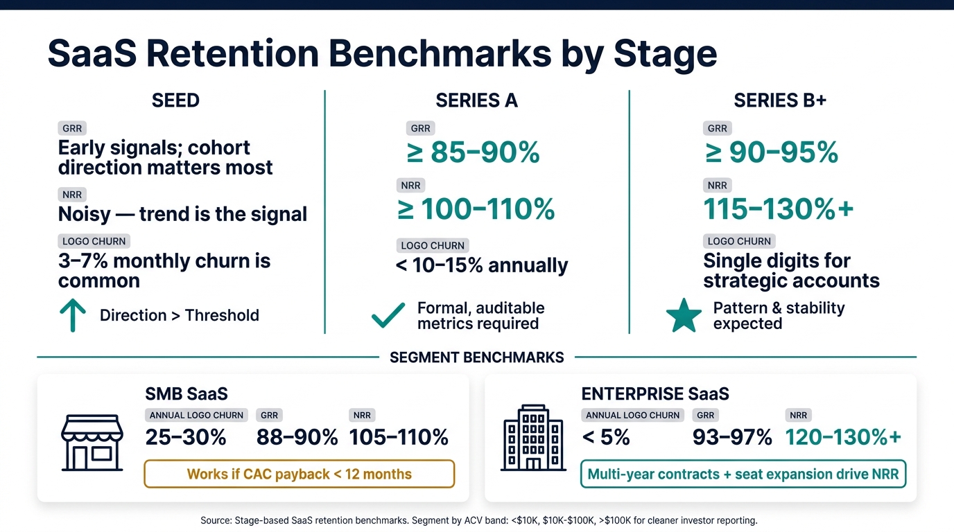 SaaS Retention Benchmarks by Stage: GRR, NRR & Logo Churn
