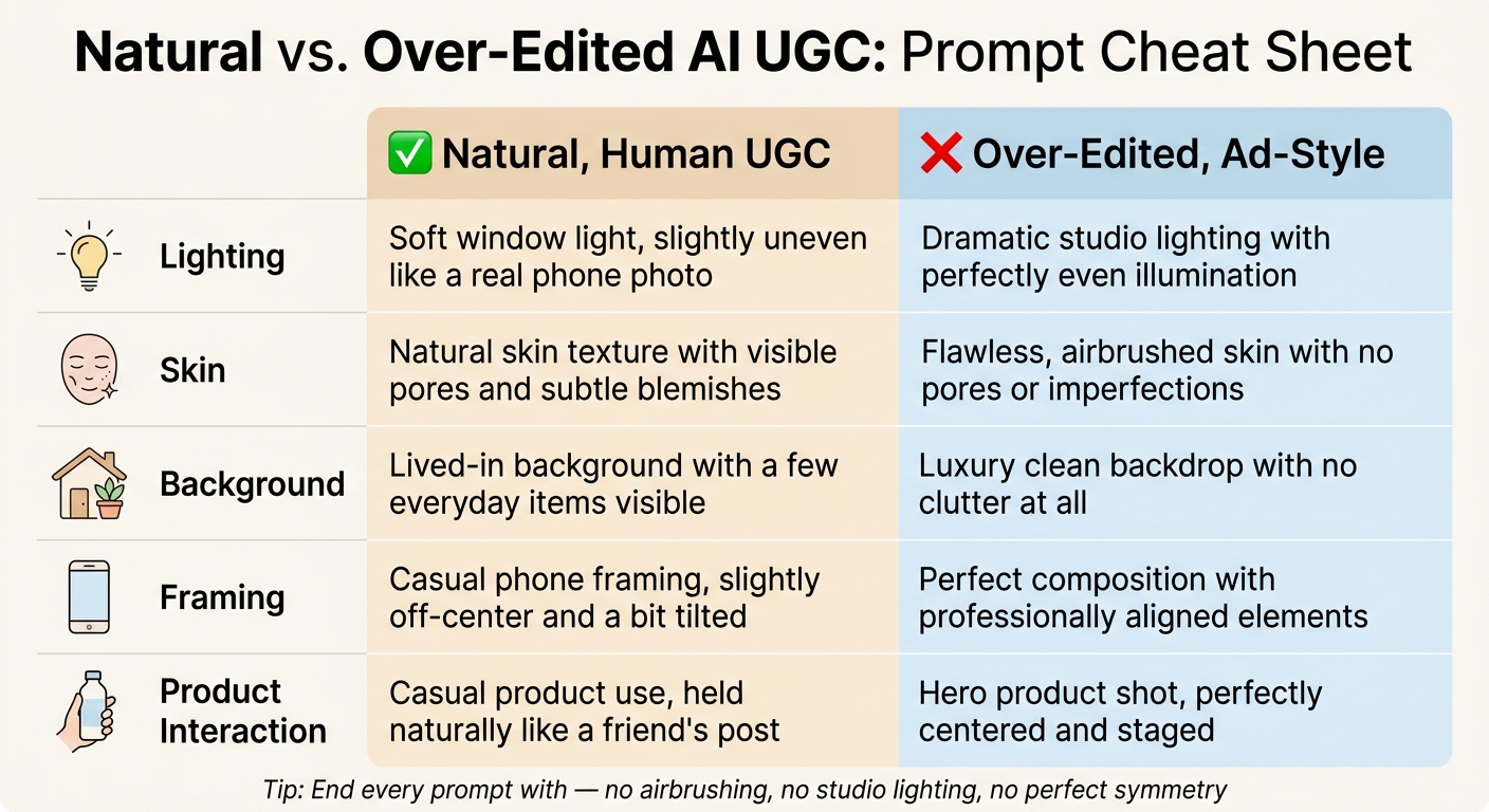 Natural vs. Over-Edited AI UGC: Prompt Cheat Sheet