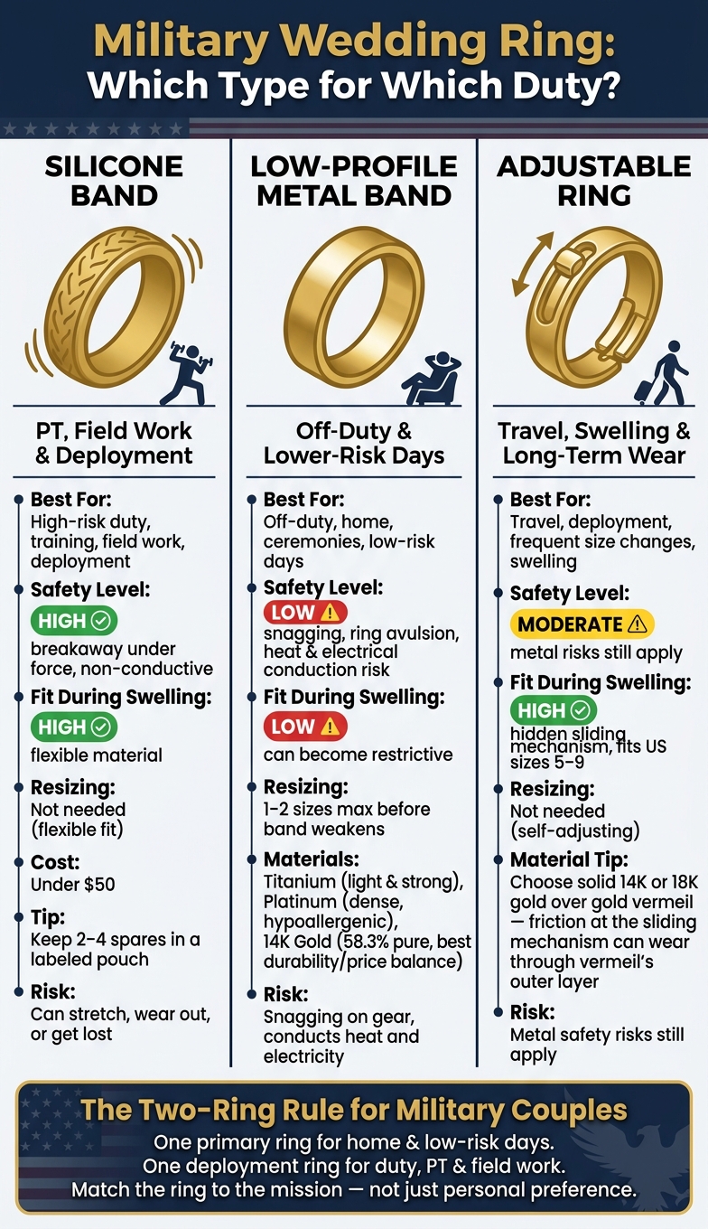 Military Wedding Ring Guide: Silicone vs. Metal vs. Adjustable